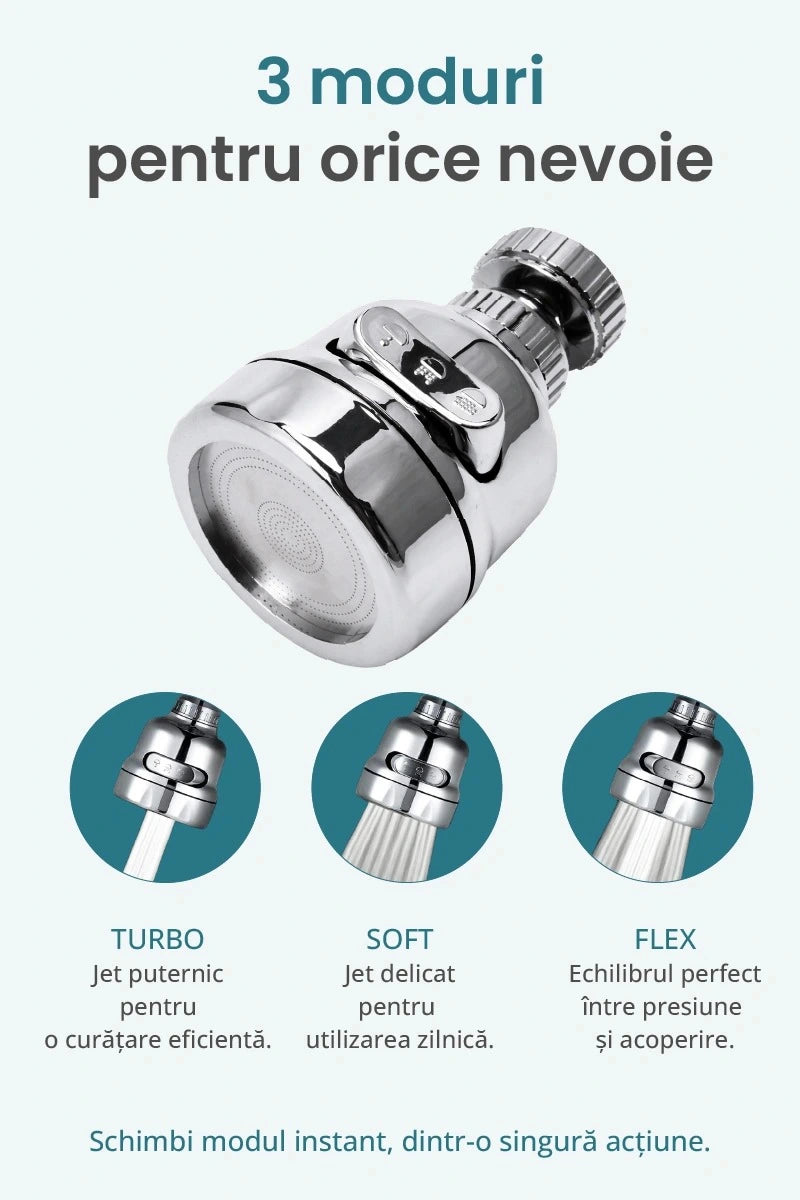 Cele 3 moduri de pulverizare ale extensiei pentru robinet Ferani MultiJet
