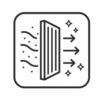 Icon ilustrativ care arată un filtru de apă pentru capul de duș colmatat, cu debit și presiune a apei reduse