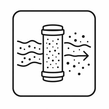 Icon ilustrativ care explică faptul că un filtru uzat pentru capul de duș nu mai reține eficient impuritățile din apă